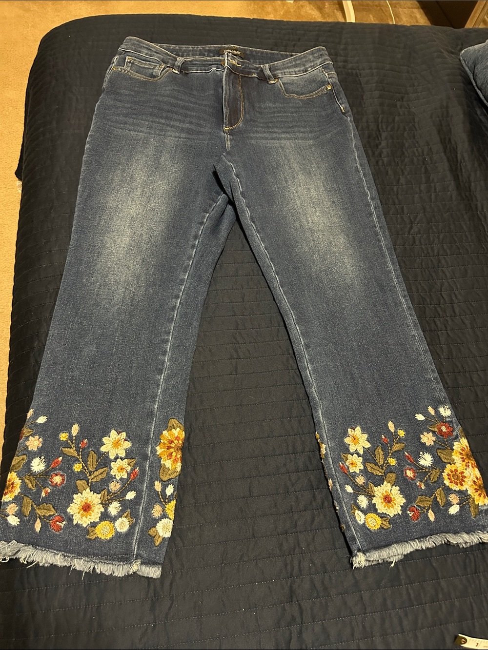 John Mark Dark Blue Cropped Jeans with Yellow Floral Embroidery